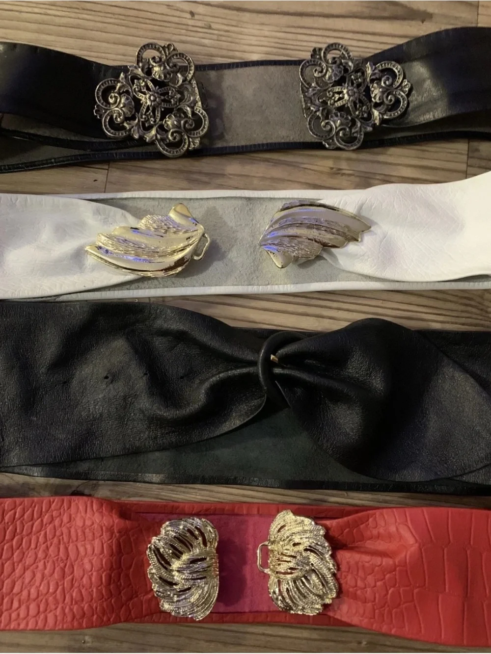 Vintage 80s Lot of 4: leather belts: white, red, black. Disco Mod Retro